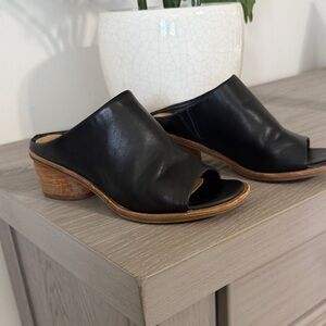 Sofft Black Leather Open-Toe Slide Mules with Stacked Heel
